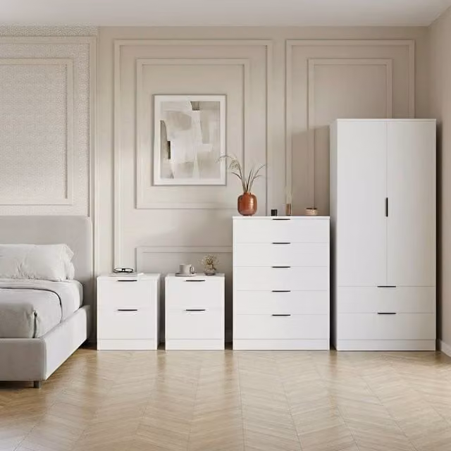 HD Designs Trega 4 Piece White Bedroom Set including Wardrobe, 5 Drawer Chest and 2 Bedside Tables