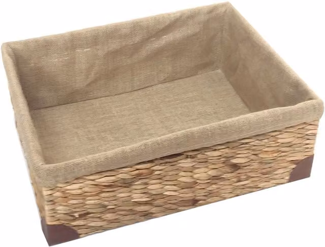 Topfurnishing Open Weave Woven Water Hyacinth Rectangle Storage Basket with Handles in Yellow and Beige, Width: 31.5 cm