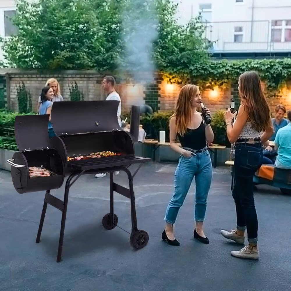 Living and Home Black Steel Barrel Charcoal BBQ with Portable Trolley Wheels – 9