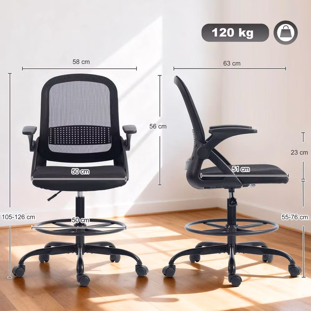 HOMCOM Black Mesh Drafting Chair with Flip-up Armrests and Castors – 3