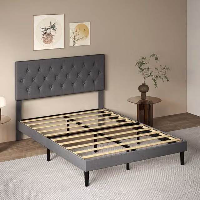 Levede Modern Upholstered Fabric Bed Frame with Headboard in Black and Grey, W/D/H: 140 x 200 x 139 cm