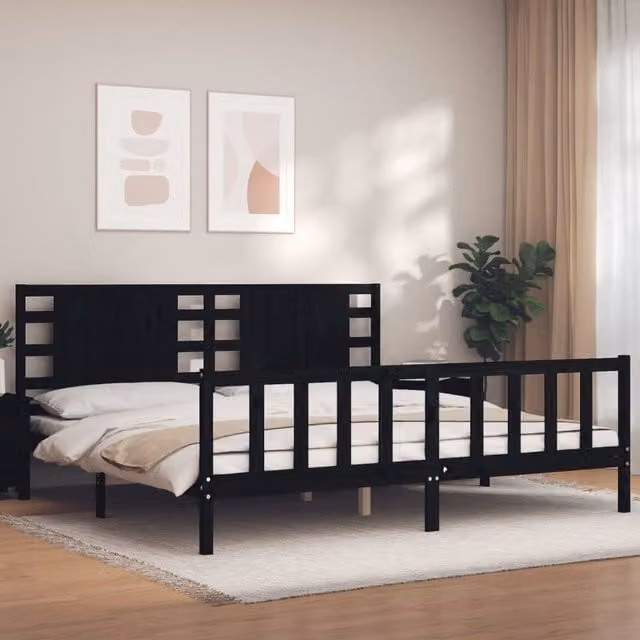 Berkfield Home Black Solid Pine Wood Bed Frame with Headboard 200 x 200 cm – 1