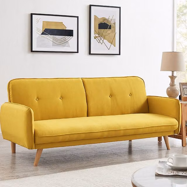 Bell 3 Seater Click Clack Sofa Bed in Mustard Fabric with Wooden Legs and Tufted Backrest W/D/H: 196 x 85 x 80 cm