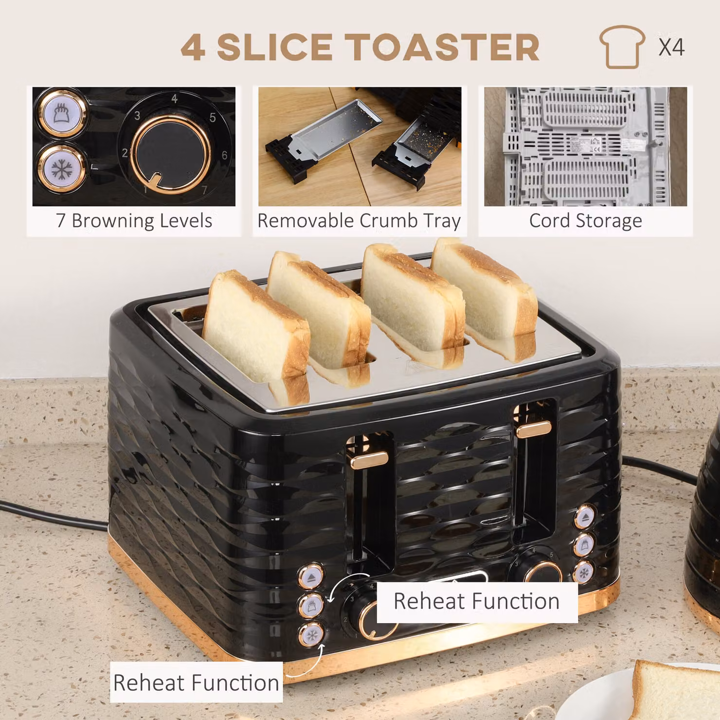 HOMCOM Black Kettle and 4-Slice Toaster Set with 3000W Rapid Boil and Auto Shut-Off Function – 5