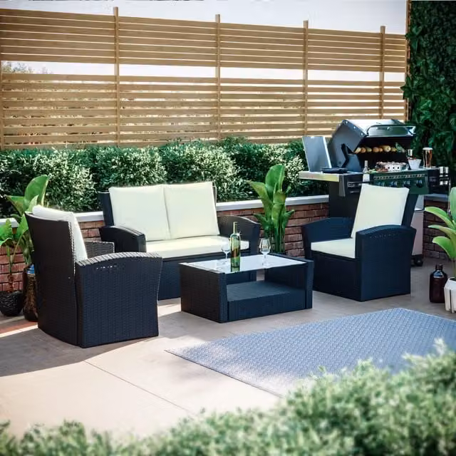 Vida Designs Mylor 4 Seater Modern Rattan Garden Furniture Set with Glass in Black