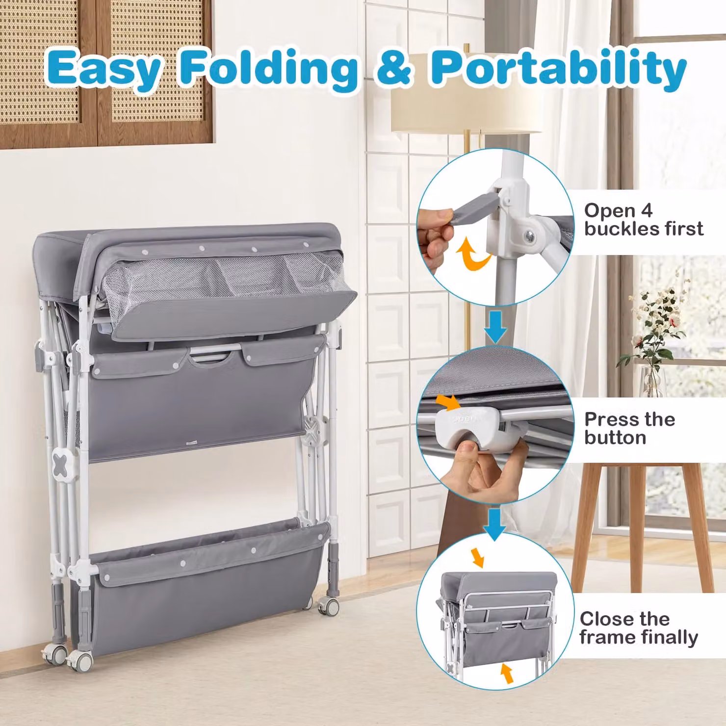 Costway Portable Height Adjustable Baby Changing Table with Wheels, Grey – 3
