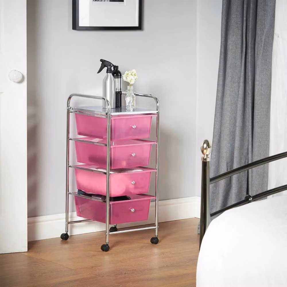 NESTLUNE Pink 4 Drawer Mobile Make Up and Home Office Trolley, W: 100 cm, D: 15 cm – 3