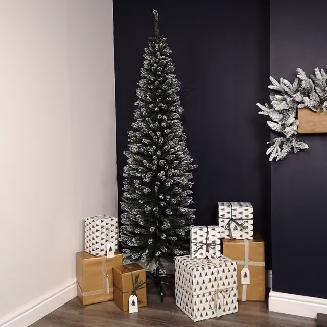 Samuel Alexander Green Snow Tipped Pencil Style Slim Artificial Christmas Tree, Height: 200 cm