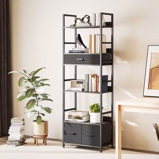 HOMCOM Industrial Bookshelf with 4 Shelves and 3 Fabric Drawers in Grey and Black