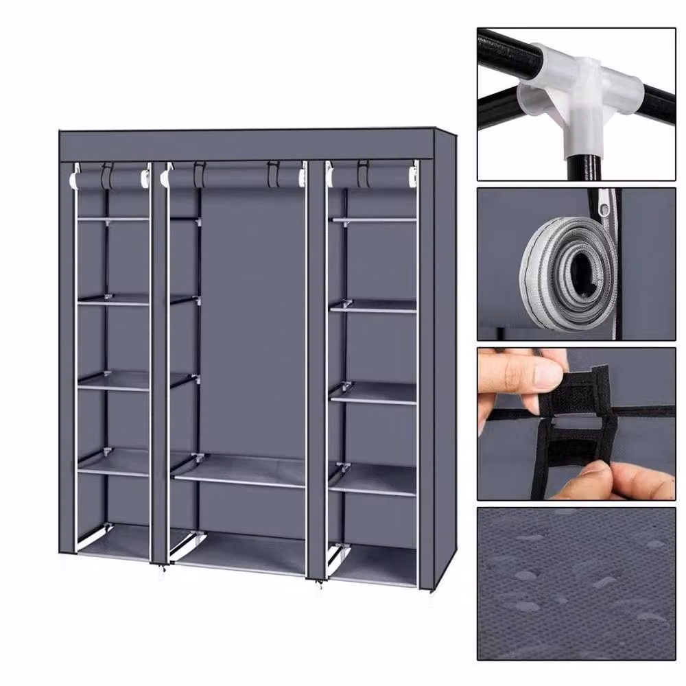 Kelvenix Grey Fabric Canvas Wardrobe with Hanging Rail and Internal Shelves – 2