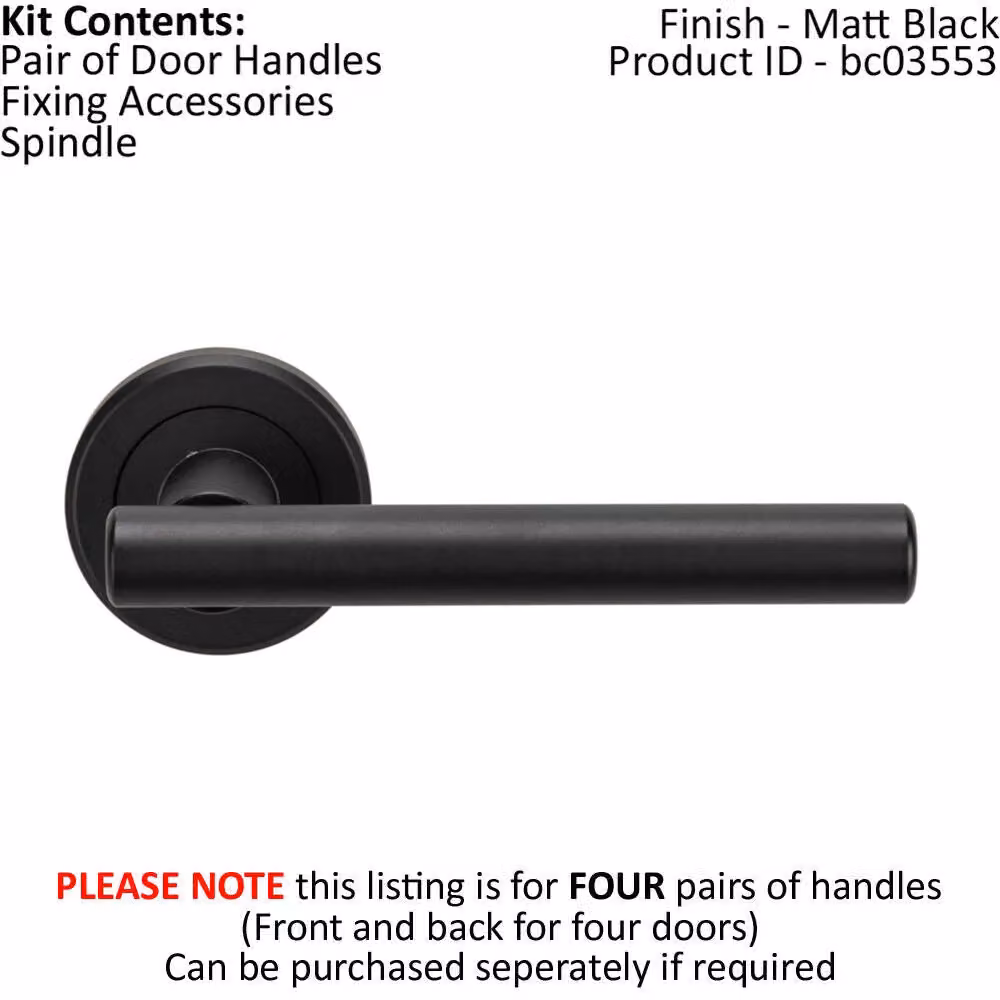 Loops 4x Pair Straight T Bar Handles on Round Rose with Concealed Fixings in Matt Black Finish – 2