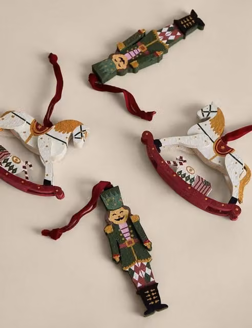 M&S 4 Pack Multicolour and White Wooden Nutcracker and Animal Hanging Christmas Decorations