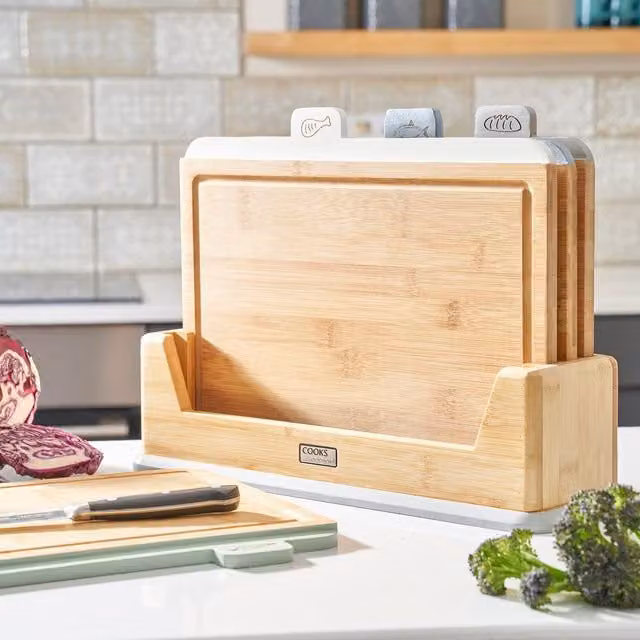 Cooks Professional Set of 4 Multicolour Bamboo Index Chopping Boards with Stand and Food Type Tabs – 2