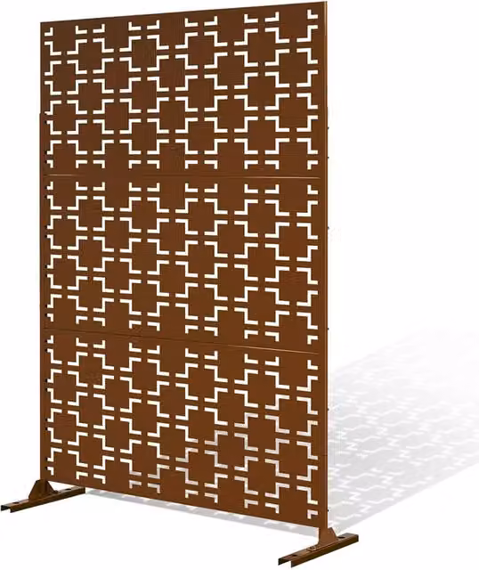 Nicoman Geo Panels Metal Outdoor Privacy Screen with Freestanding Stand in Bronze and Brown