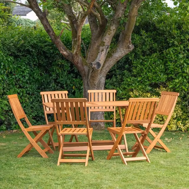 Samuel Alexander 6 Person Folding Rectangular Teak Wood Garden Dining Table and Chairs Set in Brown