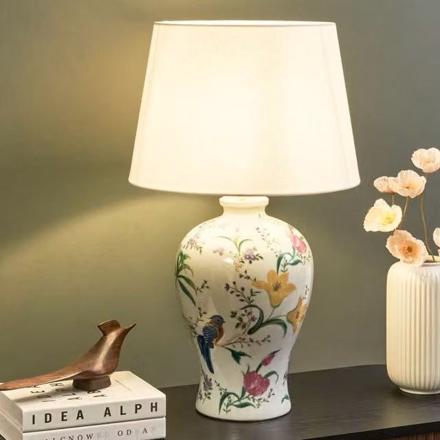 Wyld and Coco White Ceramic Table Lamp with Fabric Cylinder Shade