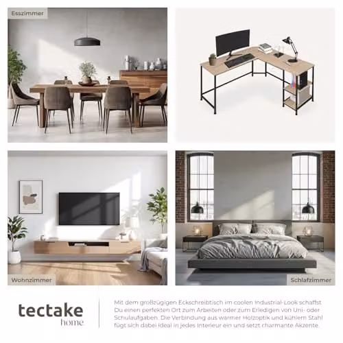 tectake Corner Desk in Industrial Design with Oak MDF and Black Metal Frame, W/D/H: 200 x 138 x 75.5 cm – 6