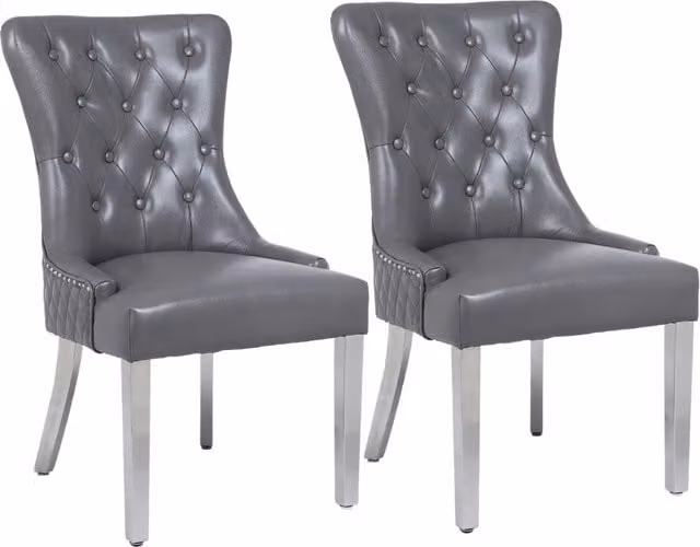 Modernique Pair of Grey Leather Aire High Back Dining Chairs with Chrome Legs – 1