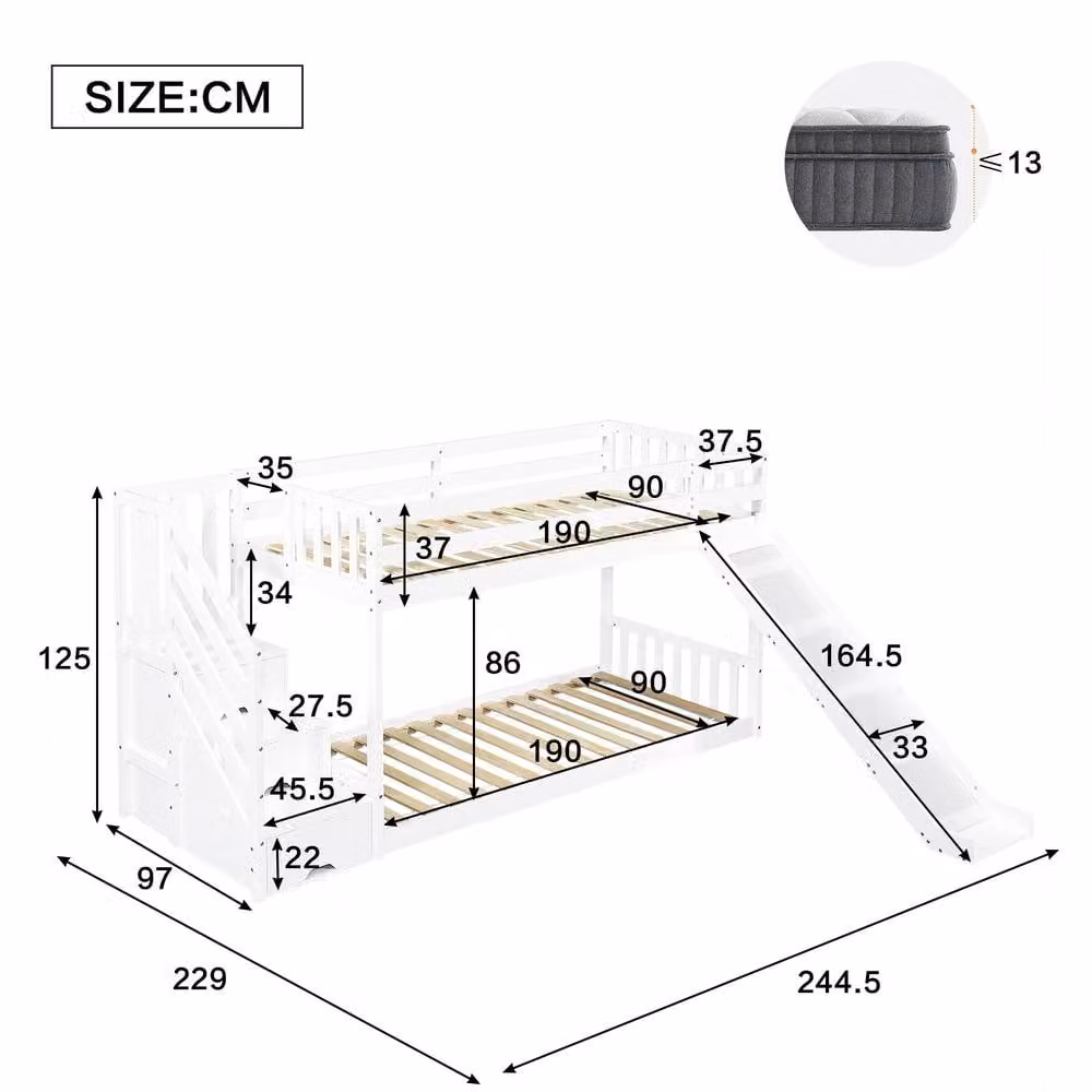 BTM Kids Single Bunk Bed with Stairs and Slide, White Solid Pine and MDF Frame, W/D/H: 190 x 90 x 125 cm – 2
