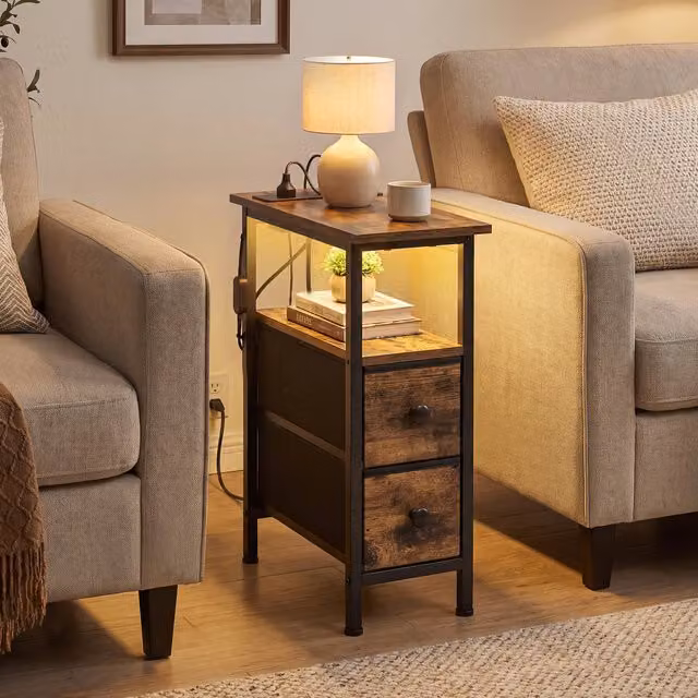 SONGMICS Modern Brown Side End Table with Integrated Charging Station, W/D/H: 46.0 x 21.6 x 60.4 cm