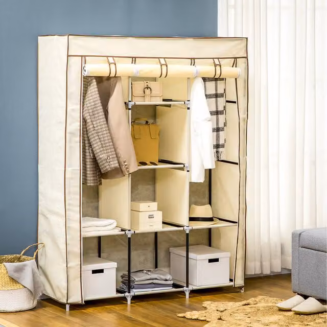 HOMCOM Portable Fabric Wardrobe with 8 Shelves and Hanging Rod in Beige and White