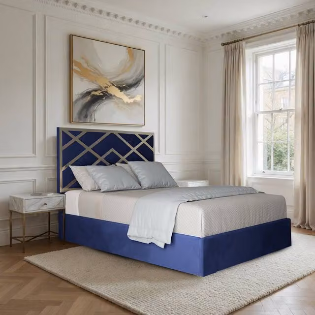 Casani Malton Super King Upholstered Velvet Bed Frame in Blue with Metal Details, W/D/H: 200 x 200 x 127 cm – 1