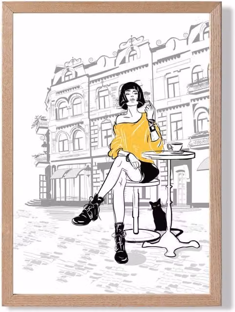 ARTZE Paris Café with Cat Style and Fashion Sketch Framed Print, Yellow and Black, Oak Frame, A2