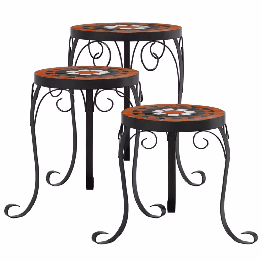 Berkfield Home Set of 3 Mediterranean Geometric Ceramic and Metal Plant Stands in Orange and White – 2