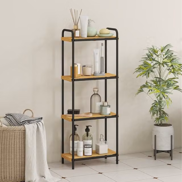 HOMCOM Black Bamboo and Metal Freestanding Bathroom Shelving Unit