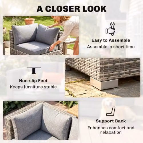 Outsunny L-Shape Grey Polyrattan Garden Corner Sofa with Upholstered Cushions – 3