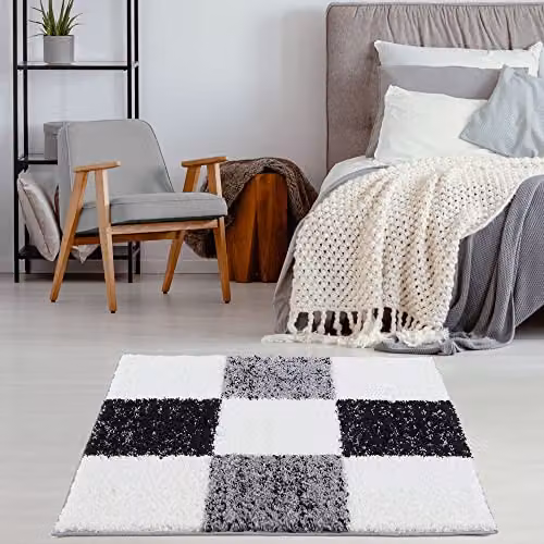 THE RUGS Modern Grey Checked Square Shaggy Area Rug, W/D: 120 x 120 cm – 3