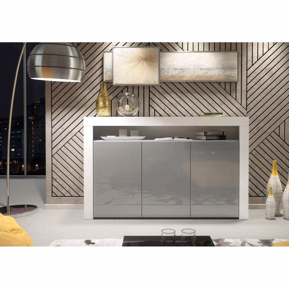 FORGEVIO Modern Grey and White Glossy TV Unit Cabinet Stand with Integrated LED Lighting – 2