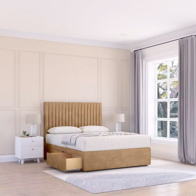 Sloomy Manhattan Super King Divan Bed Base with 2 Drawers and Upholstered Velvet Headboard in Brown, W/D/H: 200 x 200 cm