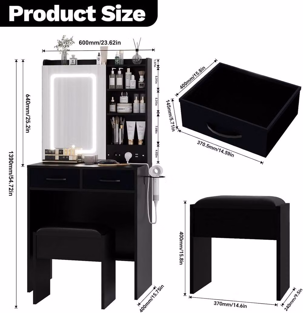 London Boutique Modern Black Dressing Table and Stool Set with LED Hollywood Mirror and Charging Station – 4