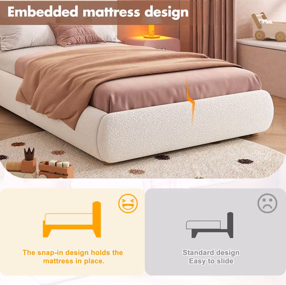 STILVORA Single Upholstered Bouclé Bed Frame with Hydraulic Lift-Up Storage in White – 3