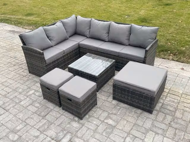 Fimous 9 Seater Outdoor Garden Furniture Set in Dark Grey Polyrattan with L-Shape Corner Sofa, Square Coffee Table and Matching Ottomans