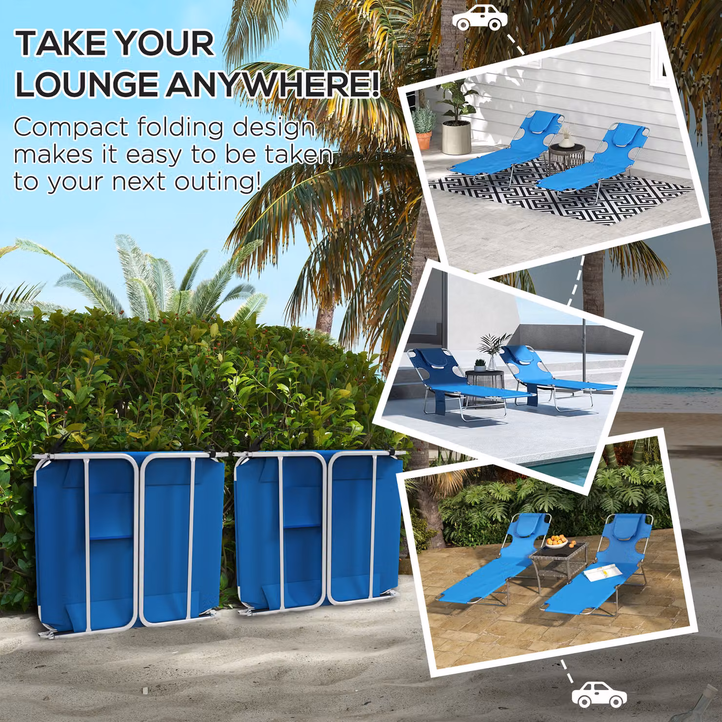 Outsunny Set of 2 Foldable Sun Loungers in Blue with 5-Level Adjustable Backrest and Reading Hole – 5