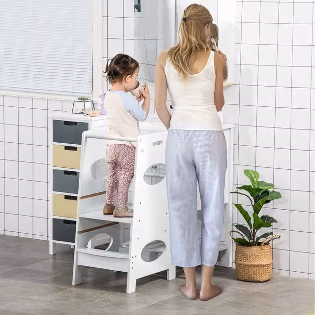 HOMCOM Kids Adjustable Standing Tower Step Stool with Safety Rail in White – 1