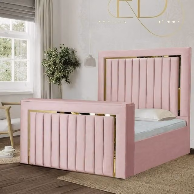 Stratus Interiors Emperor TV Bed with Gold and Silver Trim Panel Border, Pink Velvet, King Size (W/D/H: 180 x 200 cm)