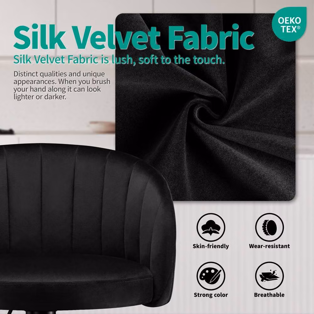 STOOLINK Set of 2 Swivel Bar Stools with Arms in Black Velvet Fabric – 4
