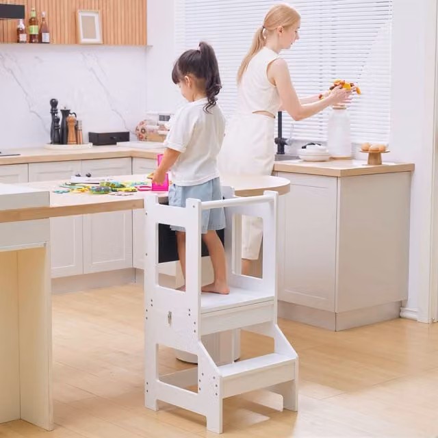 HOMCOM 2-in-1 Kids Learning Tower and Step Stool with Chalkboard, White