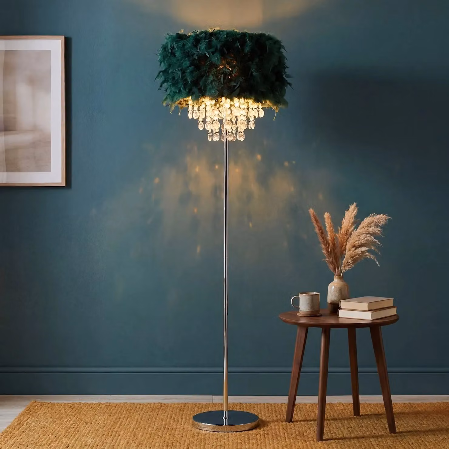 Happy Homewares Modern Feather Floor Lamp with Green Waterfall Acrylic Droplets and Chrome Finish, H 145 cm x W 40 cm x D 40 cm – 3
