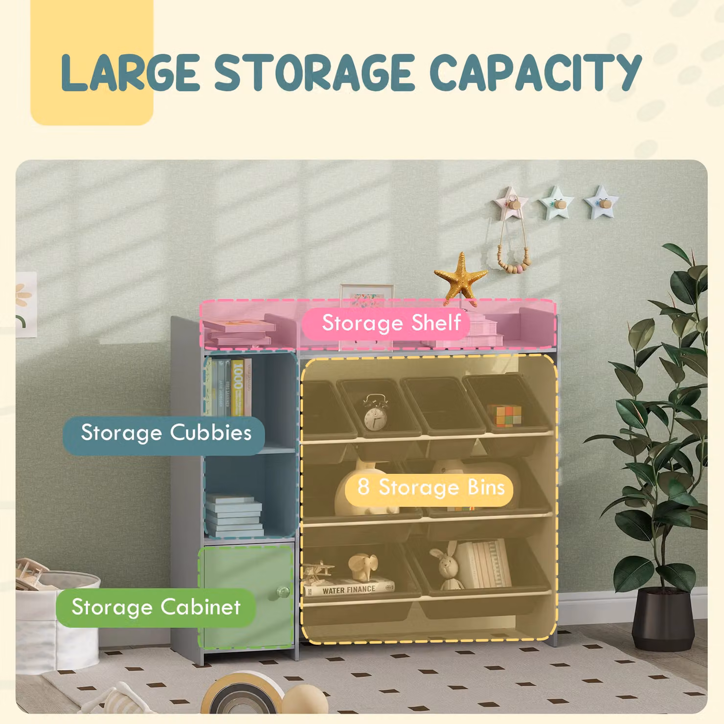 AIYAPLAY Toy Storage Unit with 8 Removable Bins and Storage Shelves in Grey – 4
