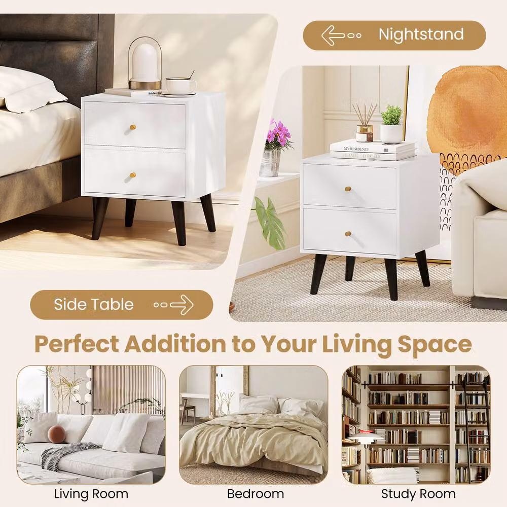 Gymax Mid Century Modern Bedside Table with 2 Drawers in White – 3