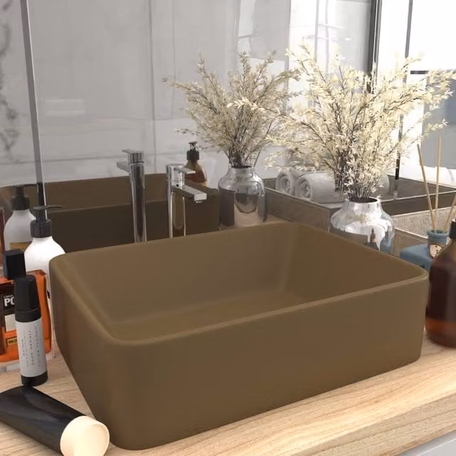 Berkfield Home Luxury Rectangular Ceramic Countertop Wash Basin in Beige, W: 41 cm, D: 30 cm, H: 12 cm – 1