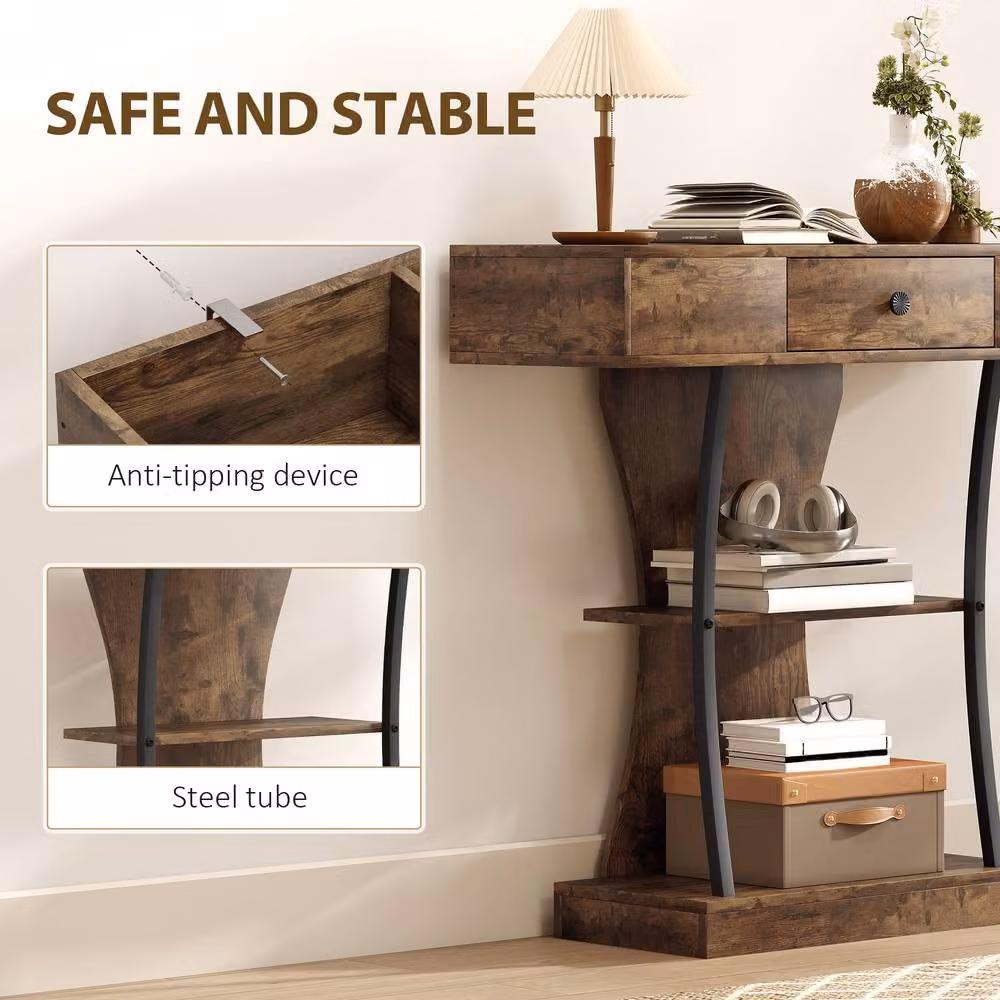STILVORA Industrial Console Table with Drawer and Shelves in Dark Brown and Black – 4