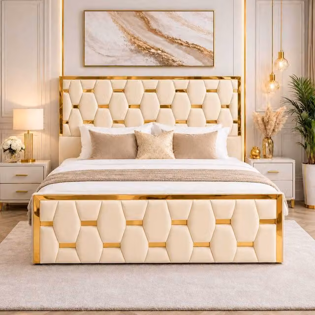 K Mehmood Enterprise Ltd Modern Geometric Upholstered Ottoman Bed with Lift Up Base in Beige and Yellow Fabric