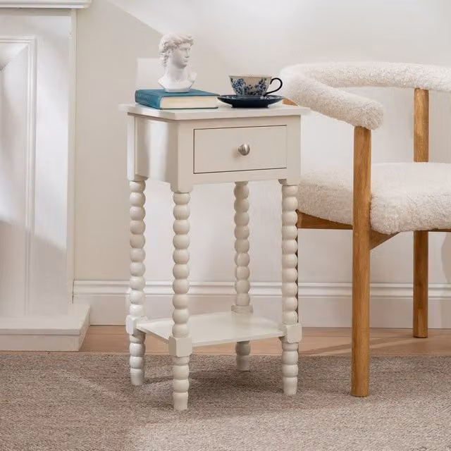 Scottish Everlastings Ltd Ivory Bobbin Side Table with Drawer, W/D/H: 30.0 x 35.5 x 66.0 cm