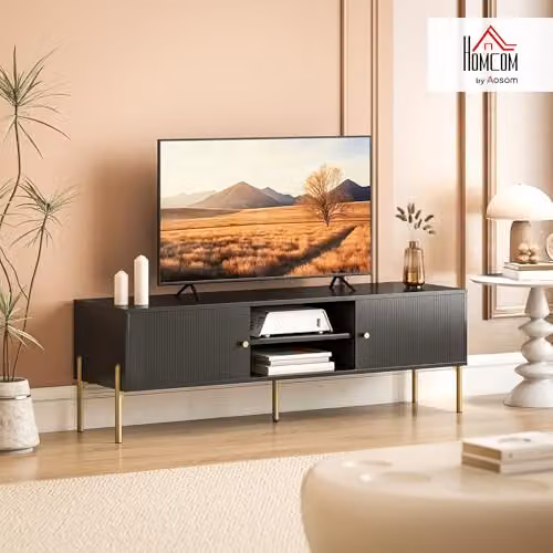 HOMCOM Modern Geometric TV Stand for Televisions up to 66 Inch, Black and Gold Metal Entertainment Center, W/D/H: 140 x 38 x 45.9 cm – 2