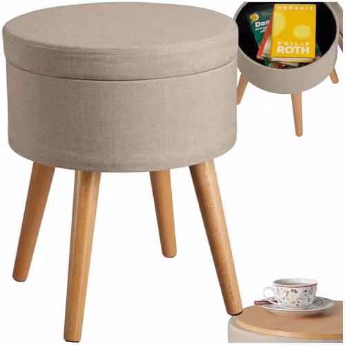 tectake Yara Round Storage Stool in Sand Fabric with Beech Legs, W/D/H: 45.5 x 45.5 x 42.5 cm
